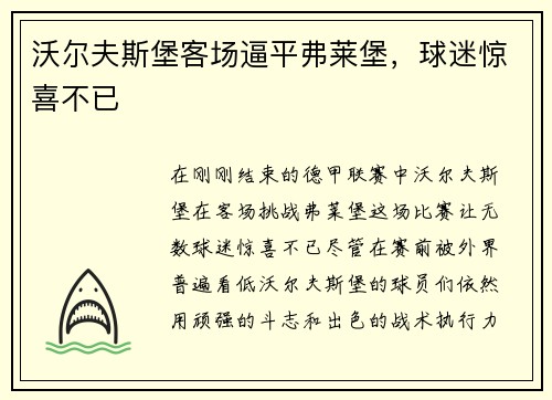 沃尔夫斯堡客场逼平弗莱堡，球迷惊喜不已