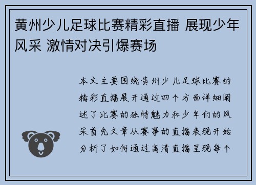 黄州少儿足球比赛精彩直播 展现少年风采 激情对决引爆赛场